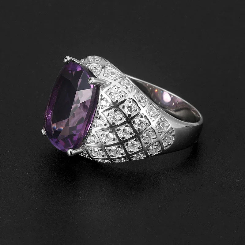 men's cushion-cut amethyst pavé ring side profile showing the band and setting