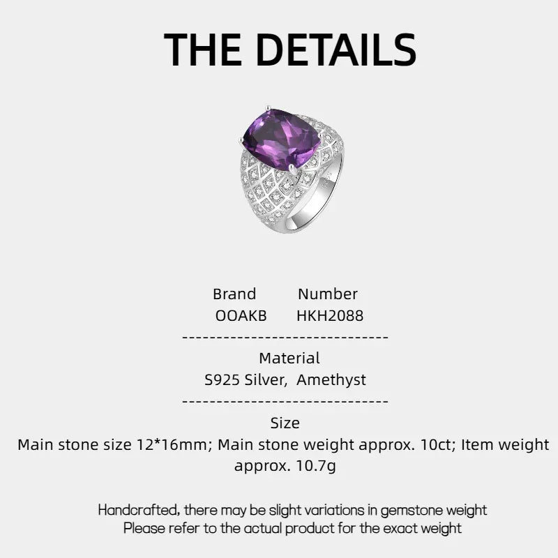 men's cushion-cut amethyst pavé ring specification card with product measurements