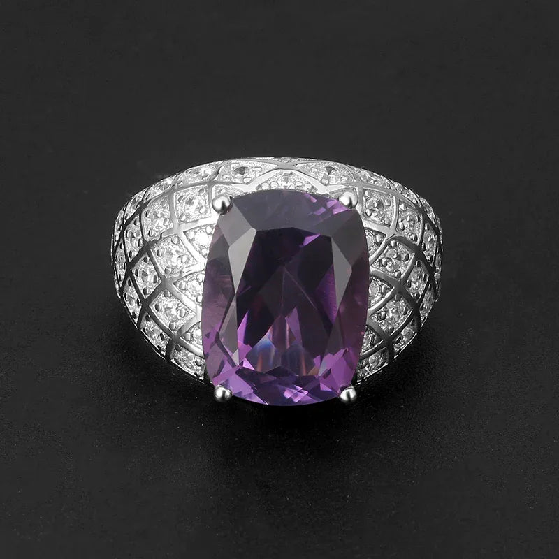 men's cushion-cut amethyst pavé ring three-quarter product view on a dark background