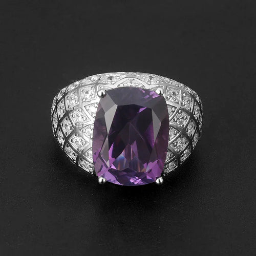men's cushion-cut amethyst pavé ring three-quarter product view on a dark background