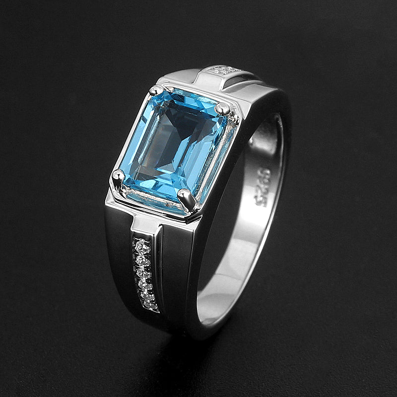 Silver Topaz Men's Ring Inlaid Zircons 2.5ct 7*9mm