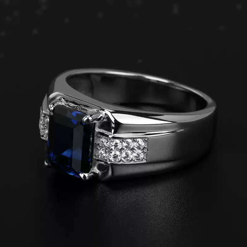 S925 Sterling Silver Plated Gold Sapphire Men's Ring - OOAKB