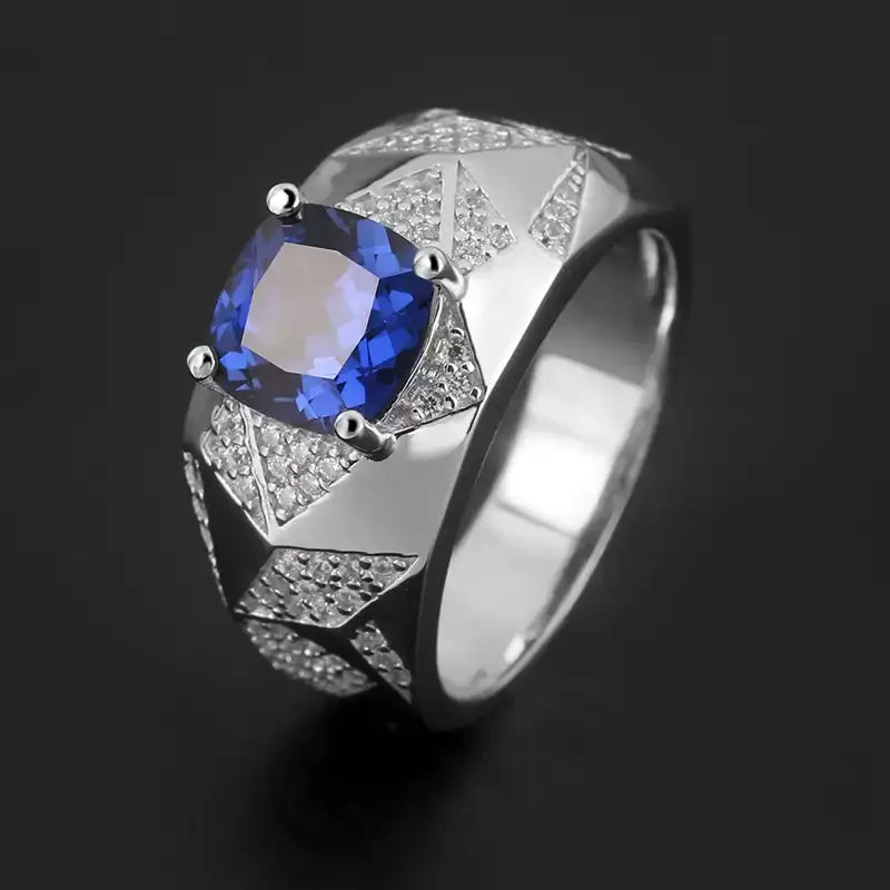 Silver Thick Plated White Gold Sapphire Men's Ring 2.8ct - OOAKB