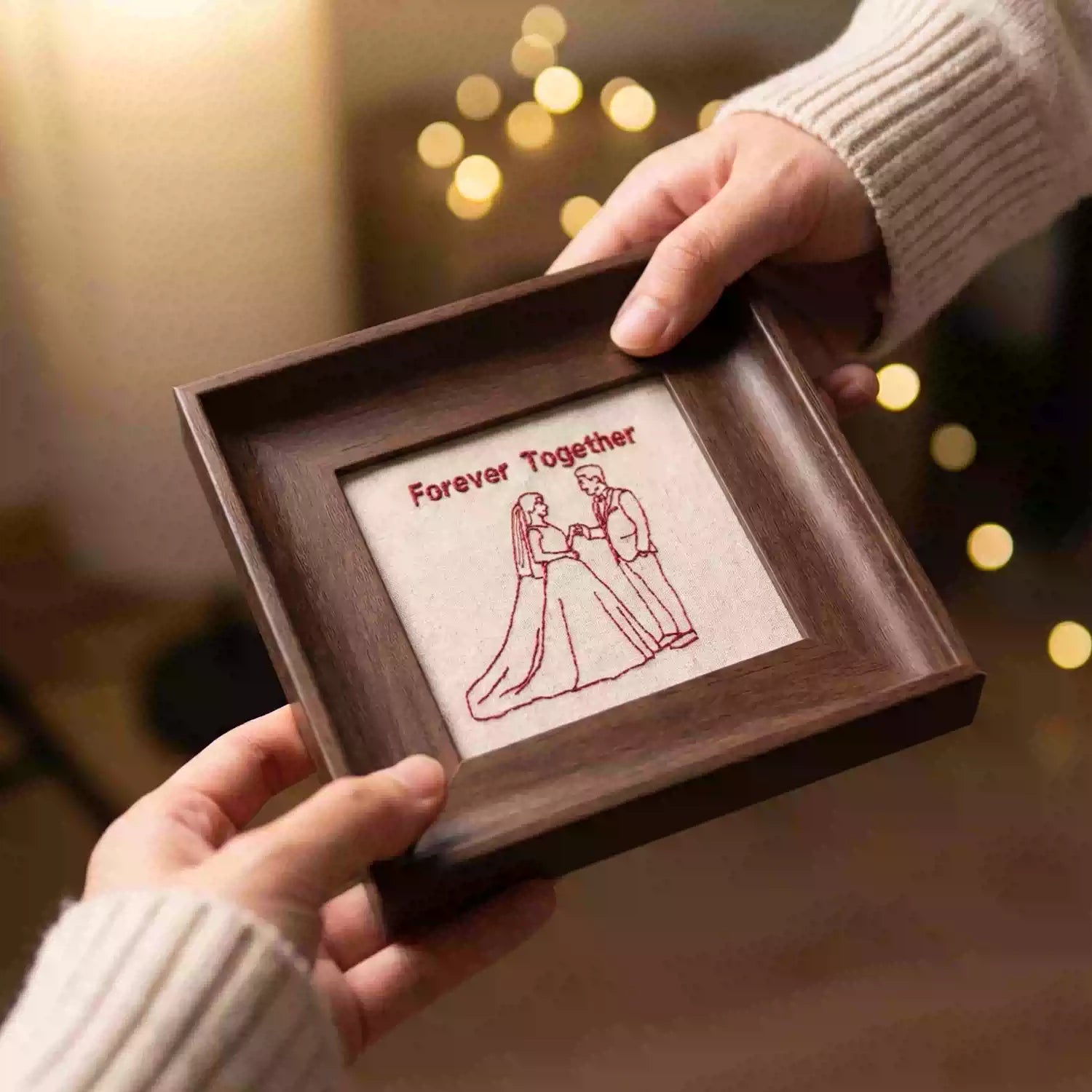 Forever Together · Embroidered Wedding Portrait in Walnut Shadow Box