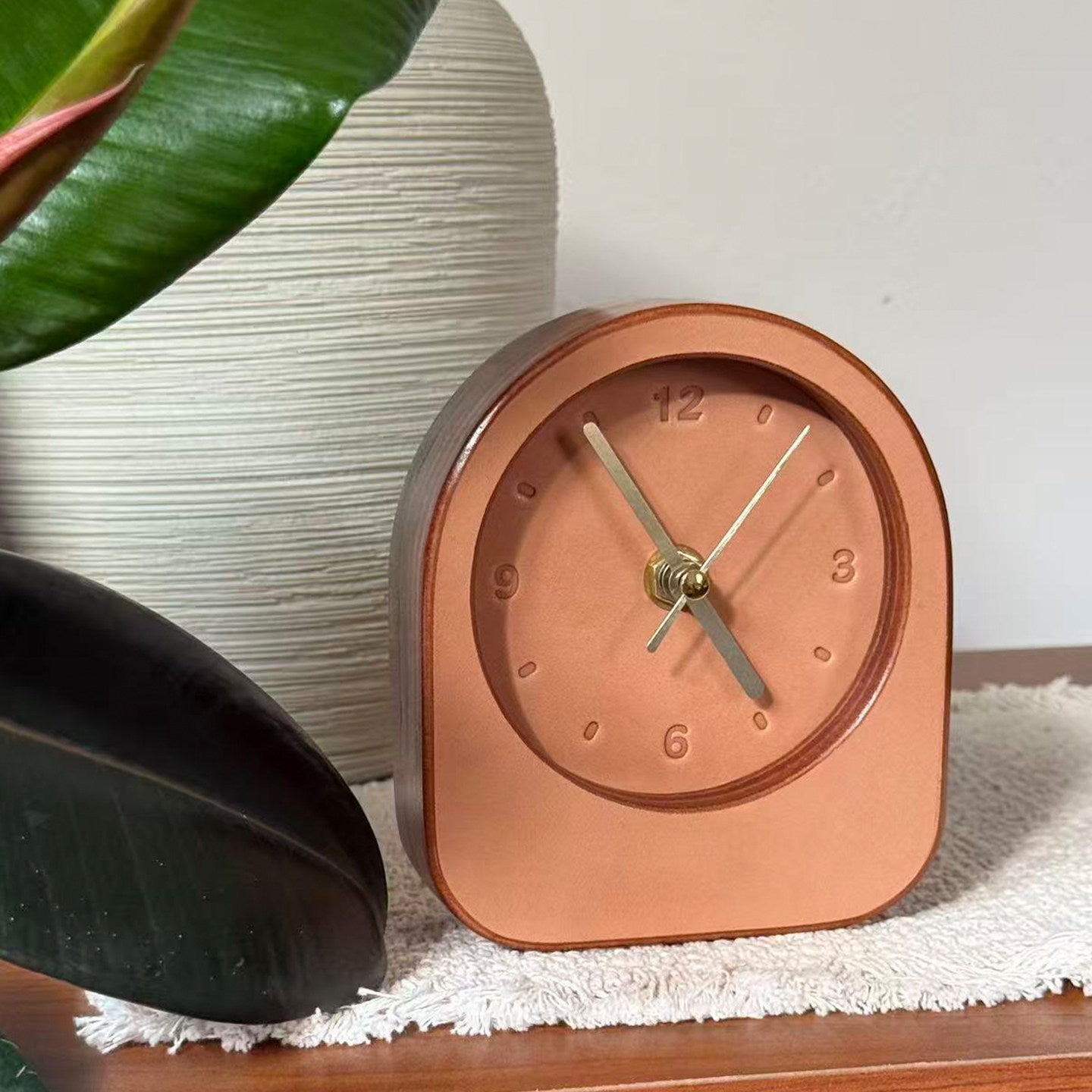 Personalized Full-Grain Leather Desk Clock — Custom Initials & Date | Silent Sweep | 3rd Leather Anniversary Gift
