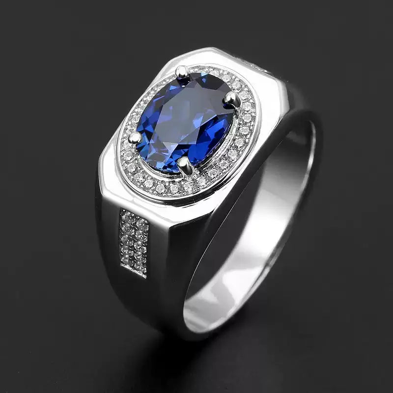 Silver Plated Gold Thickened Wide Sapphire Men's Ring - OOAKB