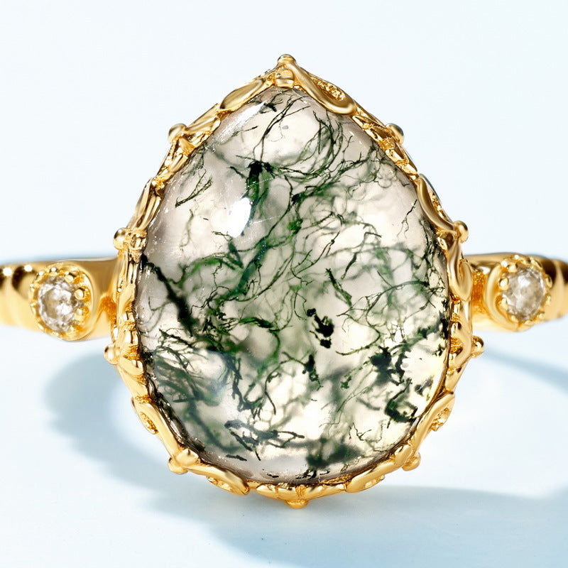 Teardrop Moss Agate Open Ring
