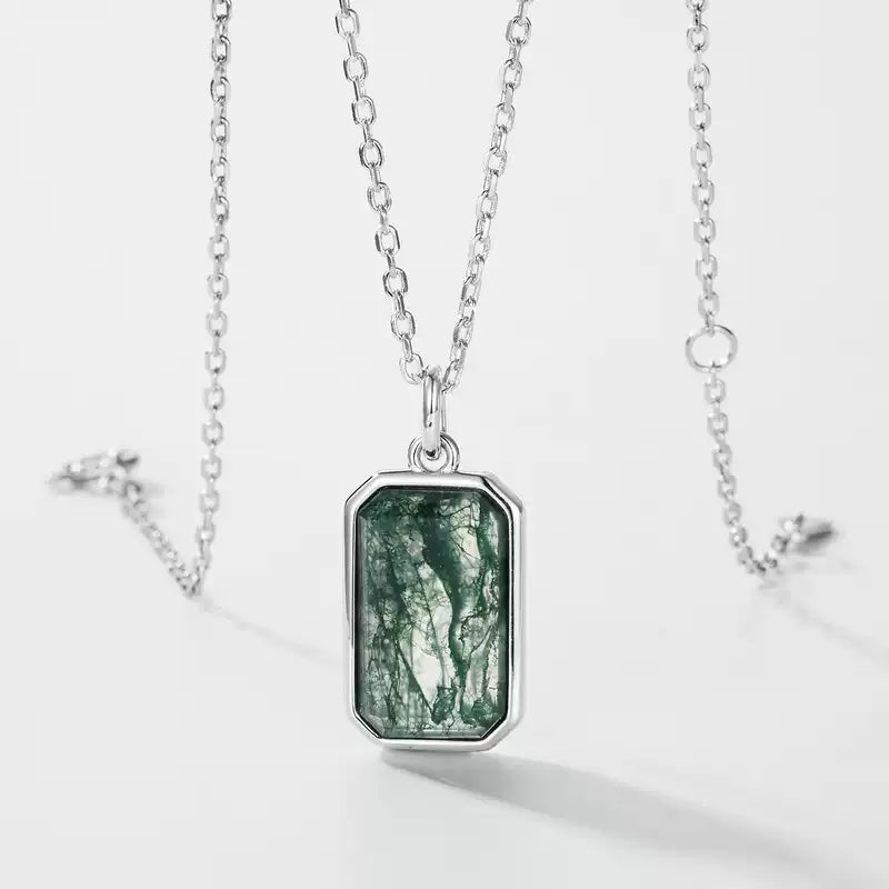 Women's Geometric Rectangular Moss Agate Pendant