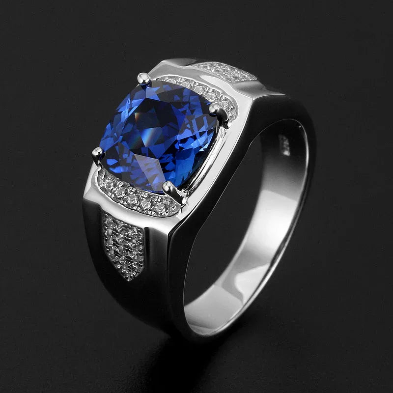 Silver Plated White Gold Square Sapphire Men's Ring - OOAKB