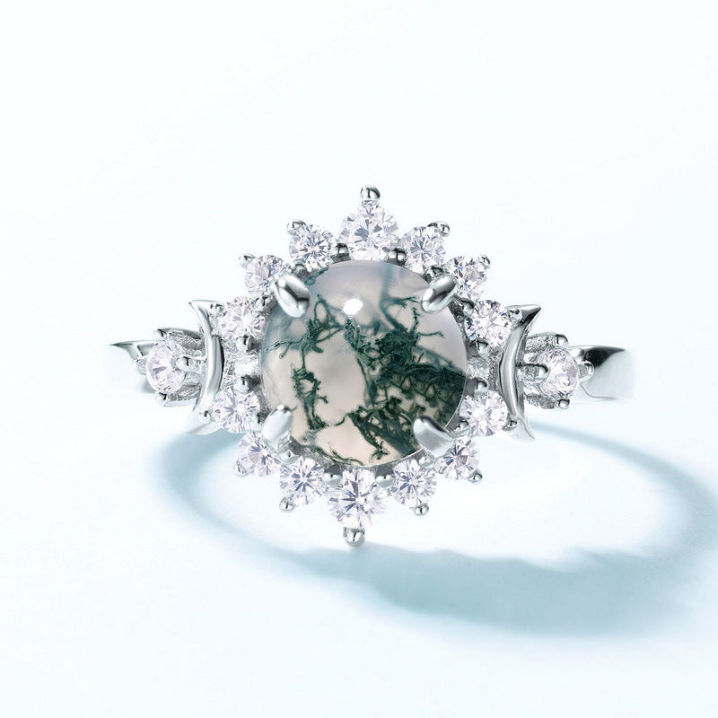 Sunflower Full Inlaid White Zircon Moss Agate Open Ring