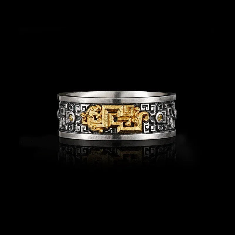 Customized Vintage Bronze-Inlaid Silver Loong Ring - 8th Anniversary Engraved - OOAKB