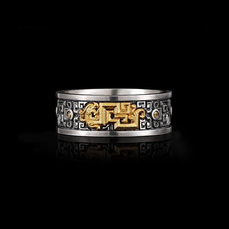 Customized Vintage Bronze-Inlaid Silver Loong Ring - 8th Anniversary Engraved