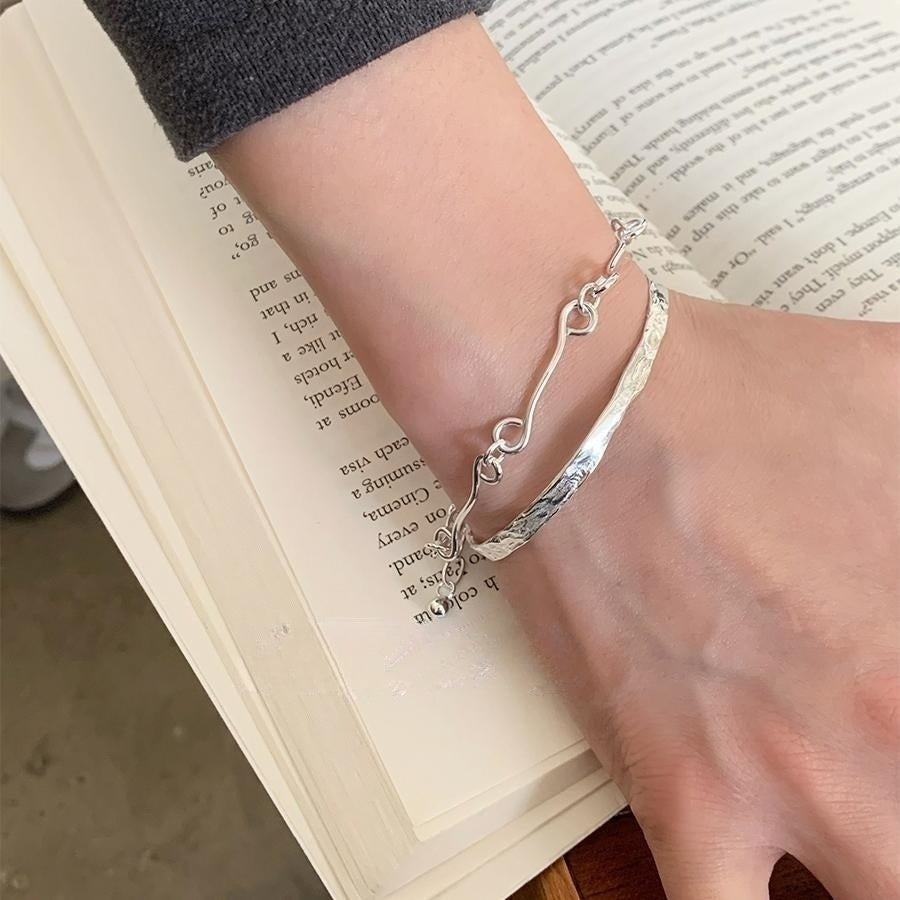 Customized Tin Foil Texture 925 Silver Bracelet Set - 10th Anniversary Adjustable Minimalist