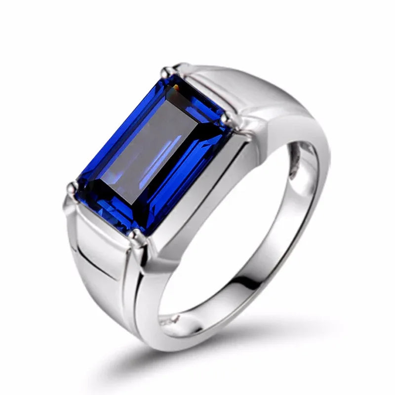 S925 Sterling Silver Plated White Gold Sapphire Men's Ring - OOAKB