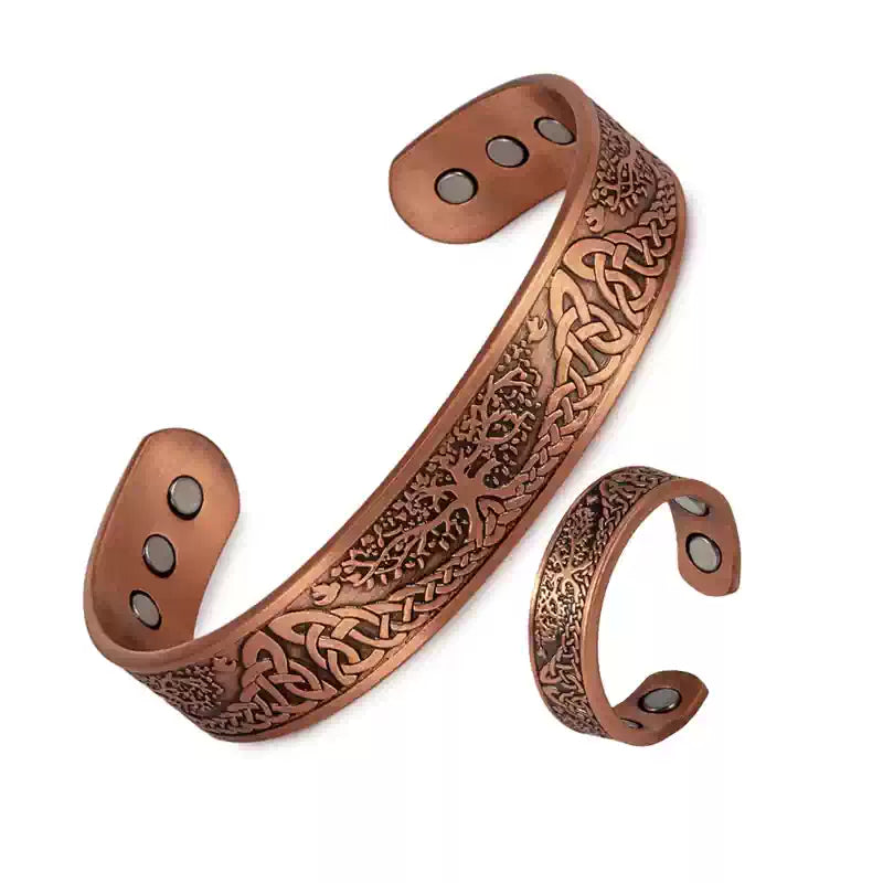 Customized Red Copper Magnetic Bracelet & Ring Set - 7th Anniversary Engraved