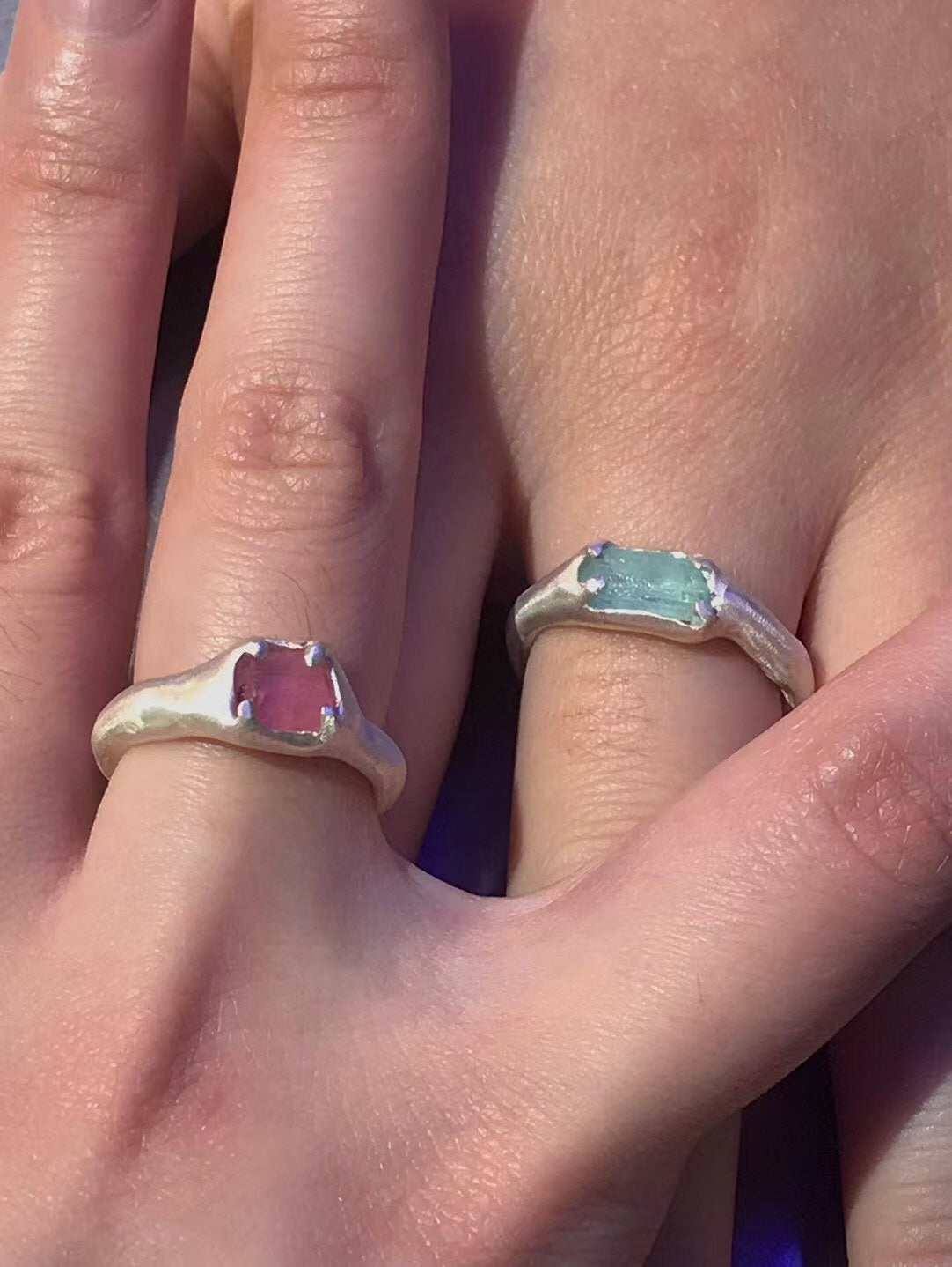 Customized Colorful Tourmaline Couple Rings - 8th Anniversary Handmade 925 Silver