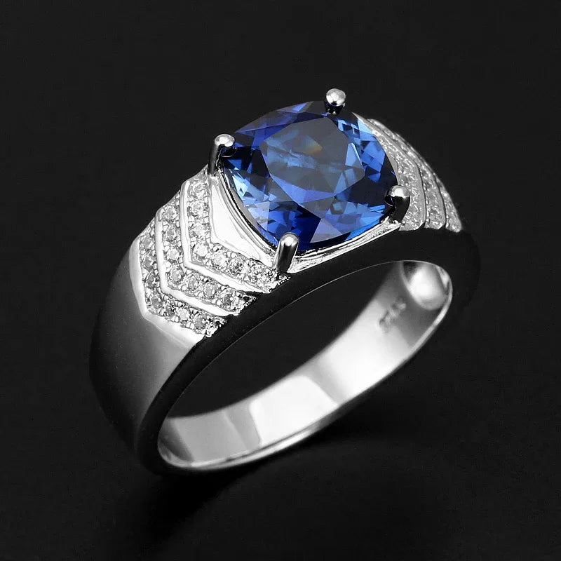 Silver Plated White Gold Sapphire Men's Ring 9*9mm - OOAKB