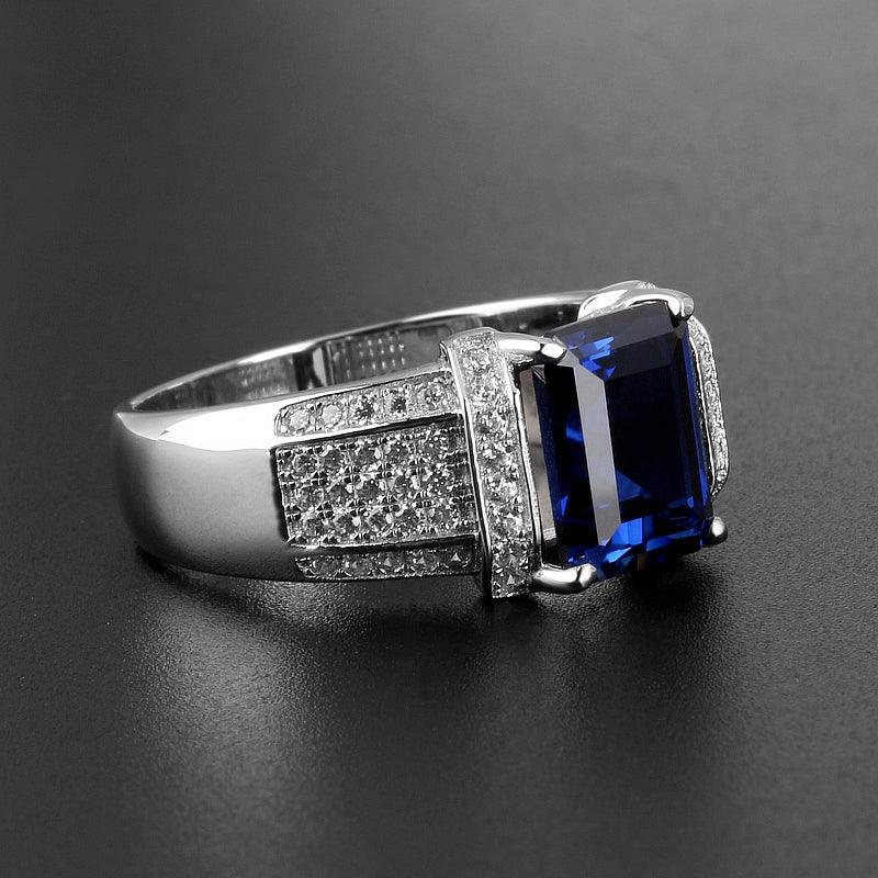 Silver Thick Gold Plated Rectangular Sapphire Men's Ring - OOAKB