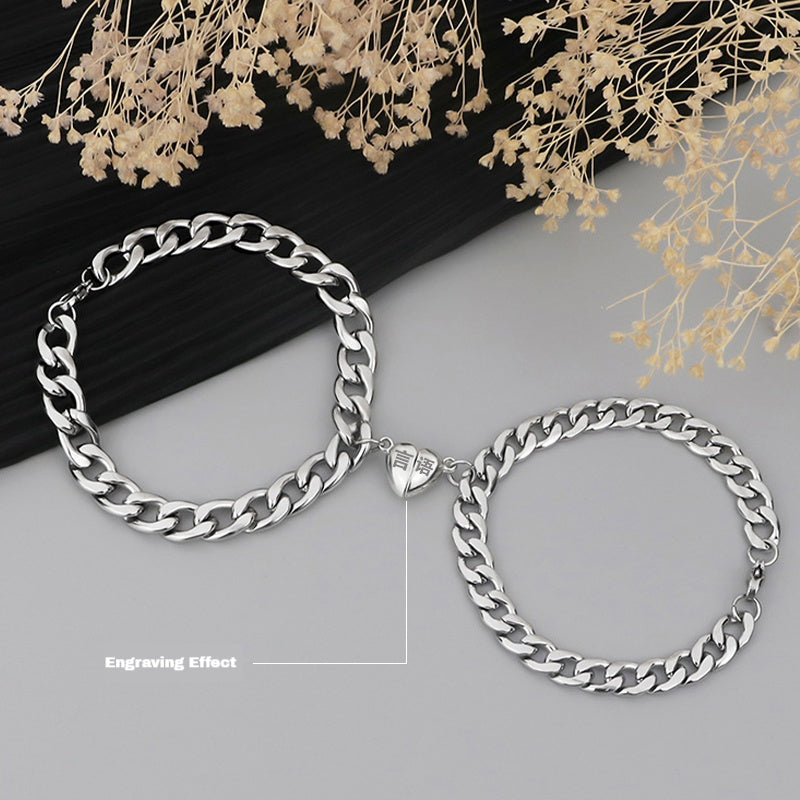 Customized Titanium Steel Couple Bracelets - 6th Iron Anniversary Magnetic Heart