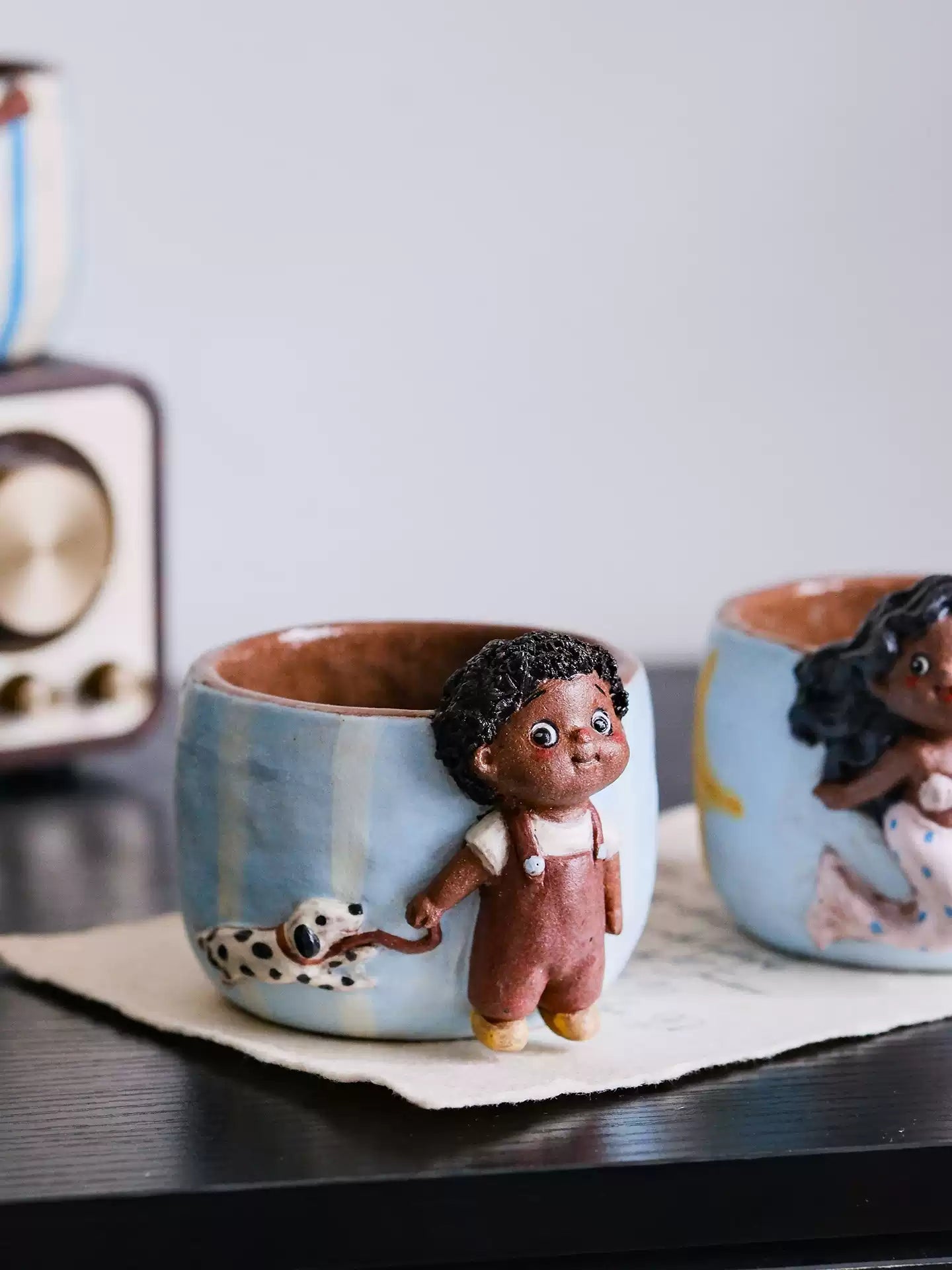 Handmade Cartoon Figurine Porcelain Couple Mug Set – Boy & Girl | 2nd & 9th Anniversary Gift