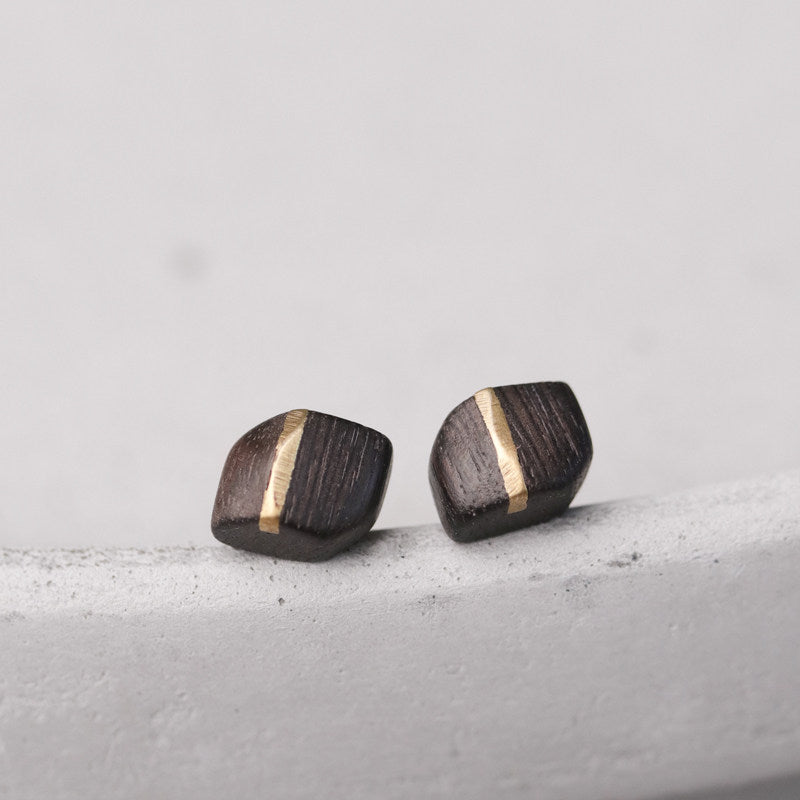 Handmade Ebony Wood & Brass Stud Earrings – 5th Wood Anniversary Gift, Minimalist Gender-Neutral Wooden Studs with 925 Silver Posts