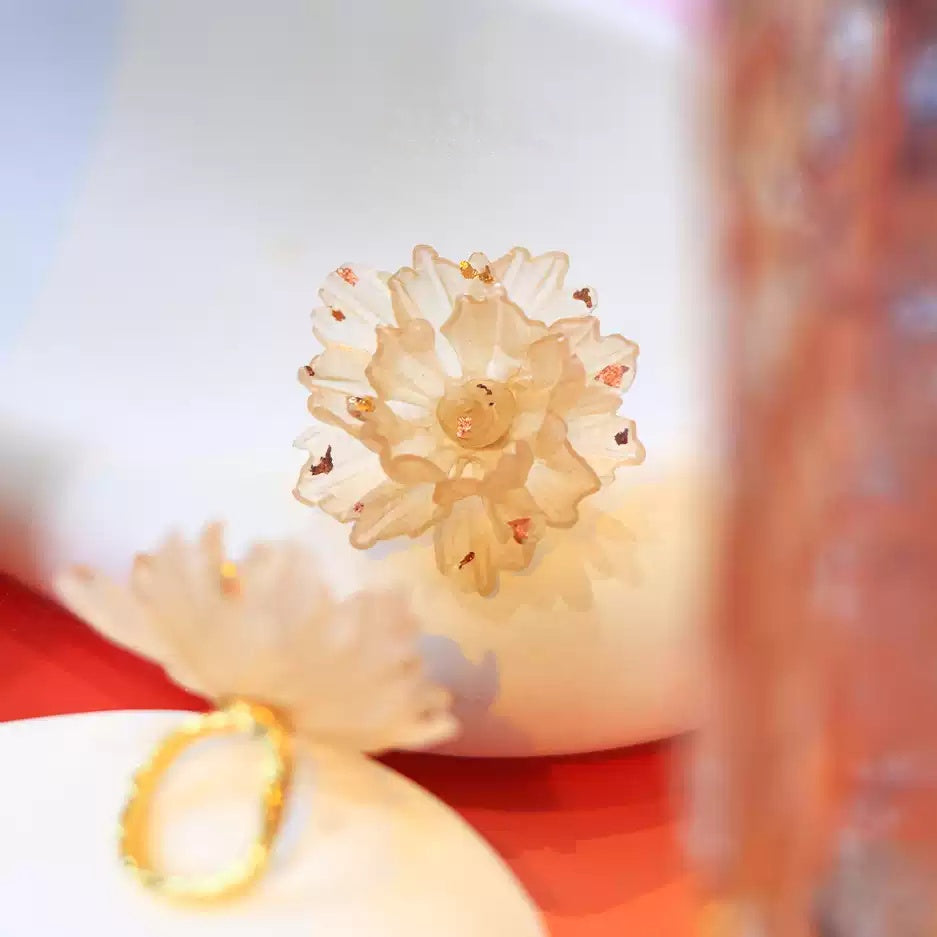 Handcrafted Leather Flower Statement Ring — Translucent Ivory Petals & Gold Shimmer | Adjustable Open Band | 3rd Leather Anniversary Gift for Her