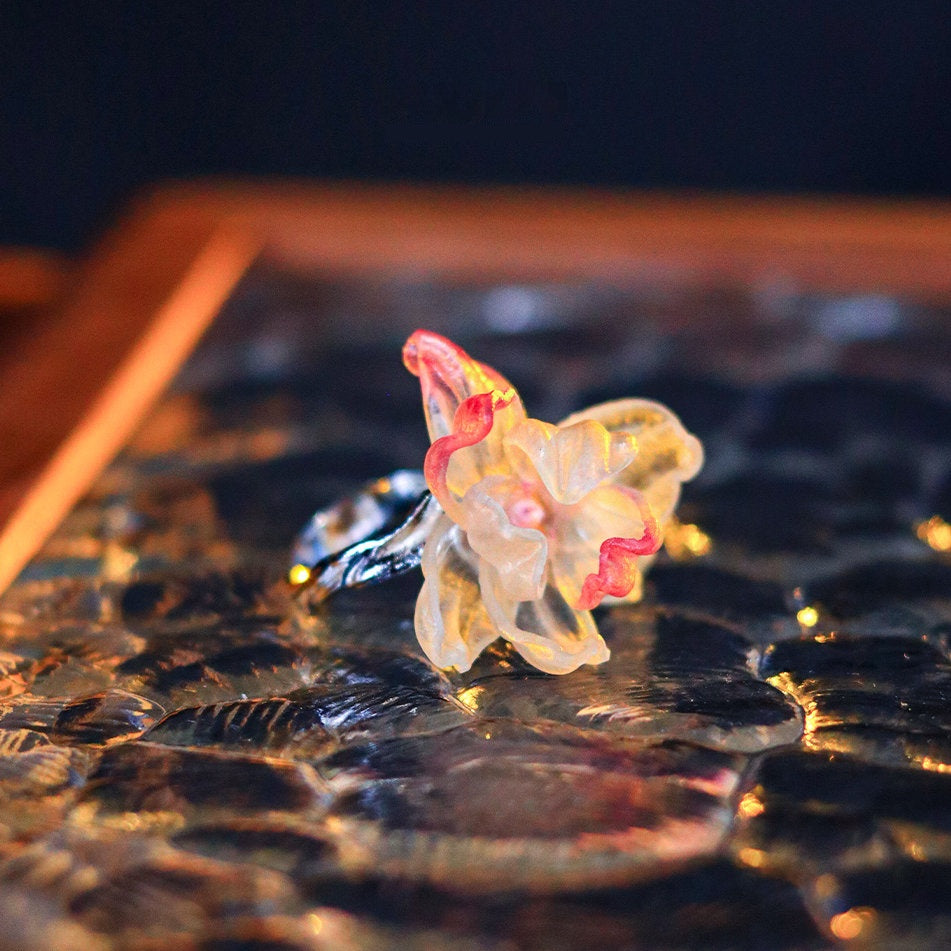 Handcrafted Leather Blossom Ring — Translucent Ivory Petals & Blush Pink Tips | Adjustable Band | 3rd Leather Anniversary Gift for Her