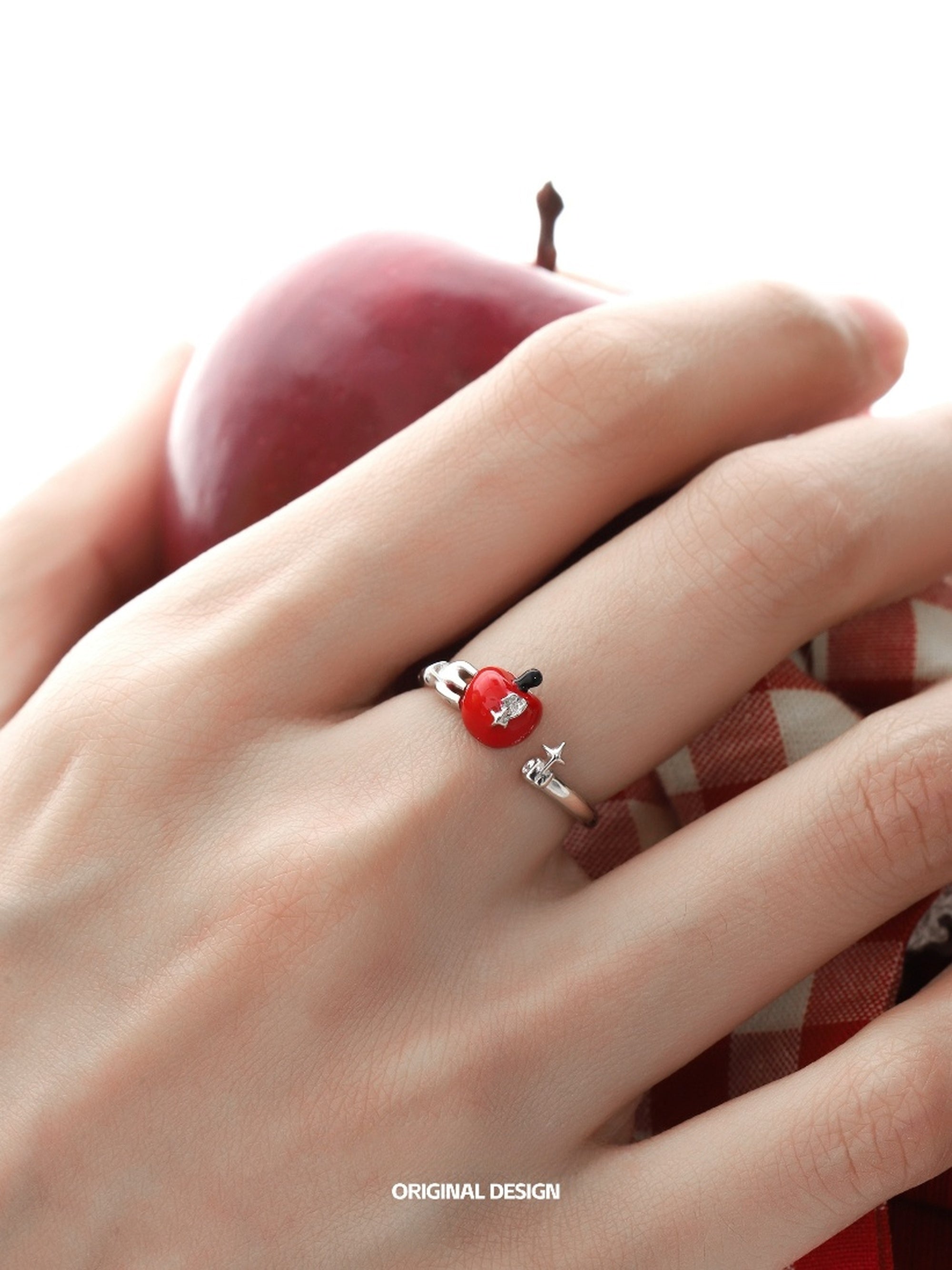 Customized 925 Silver Bitten Apple 4th Fruit & Flower Wedding Ring - Adjustable Anti-Tarnish
