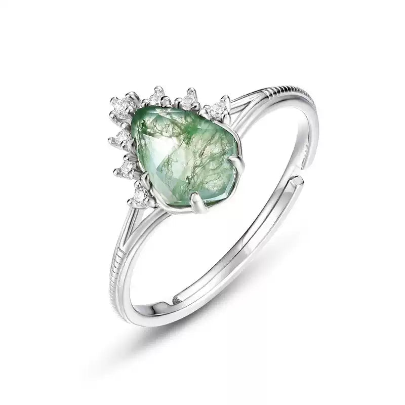 Moss Agate Long Shape Light Luxury Open Ring