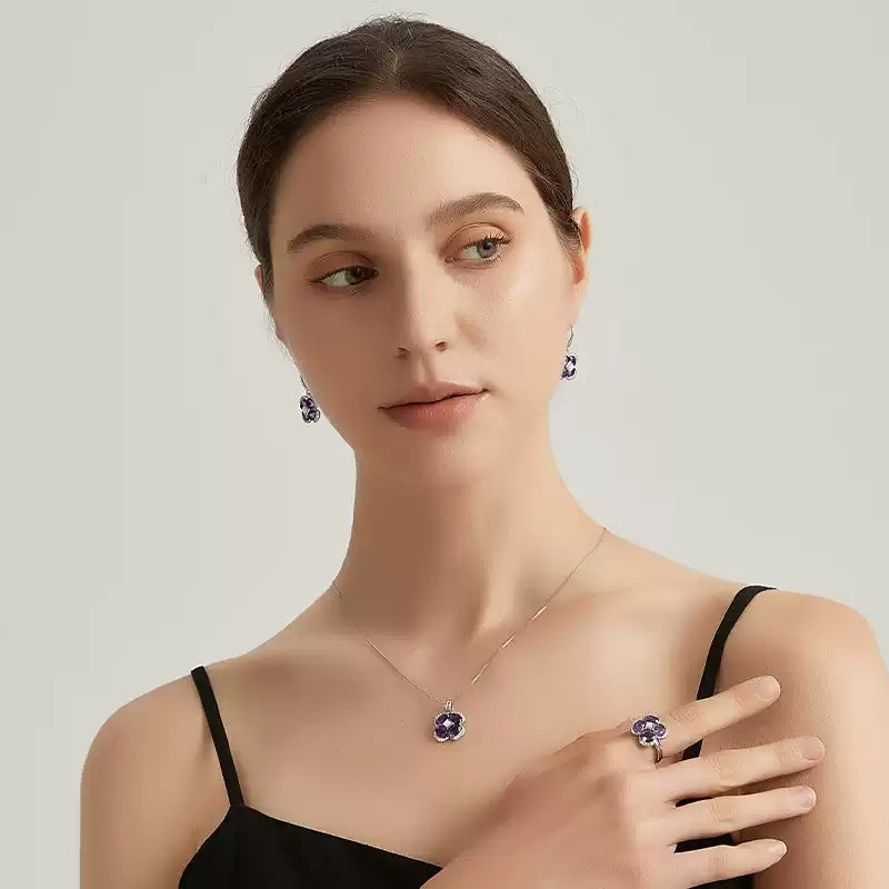 Lucky Clover Series Natural Amethyst Four-Leaf Clover S925 Silver Ring