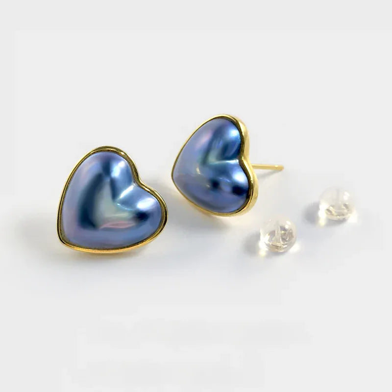 Blue Iridescent Heart-Shaped Pearl Earrings - OOAKB