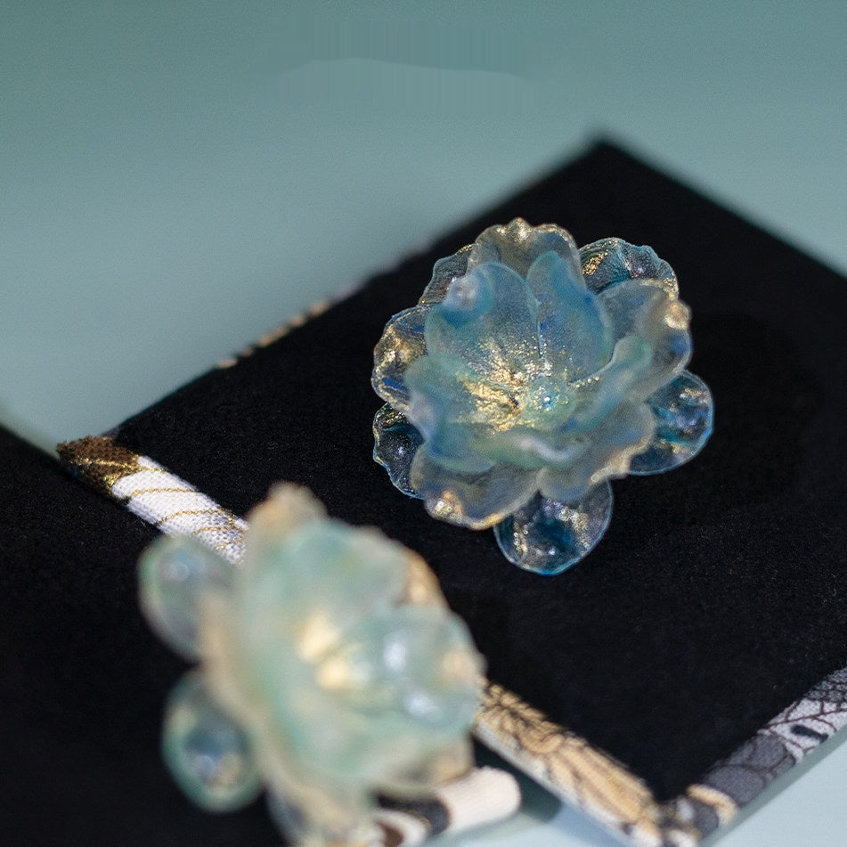 Handcrafted Leather Sculpture Flower Earrings — Translucent Blue-Green Petals | Wearable Art | 3rd Leather Anniversary Gift for Her