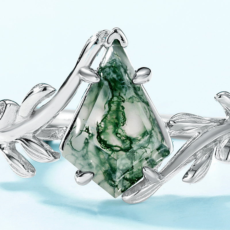 Olive Branch Geometric Moss Agate Index Finger Ring