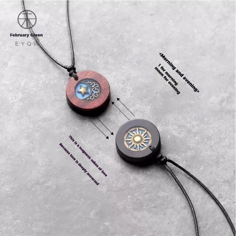 Customized Ebony & Rosewood Magnetic Couple Necklaces - 5th Anniversary Sun & Moon Engraved