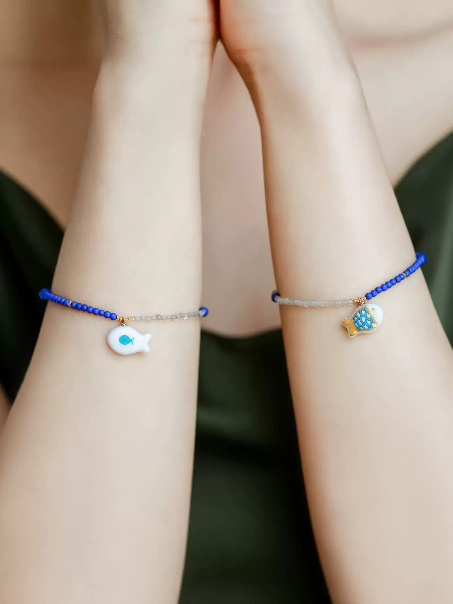Customized Artisanal Ceramic Fish Joy Bracelet - 9th Anniversary Blue Chalcedony