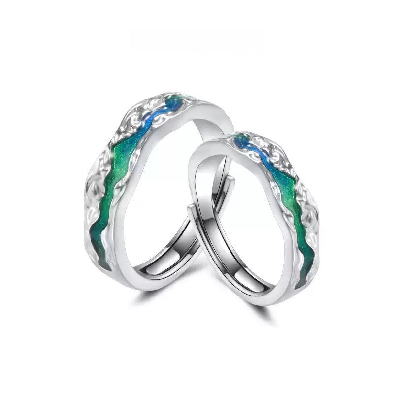 Customized Tin Foil Texture 925 Silver Couple Rings - 10th Anniversary Space Enamel
