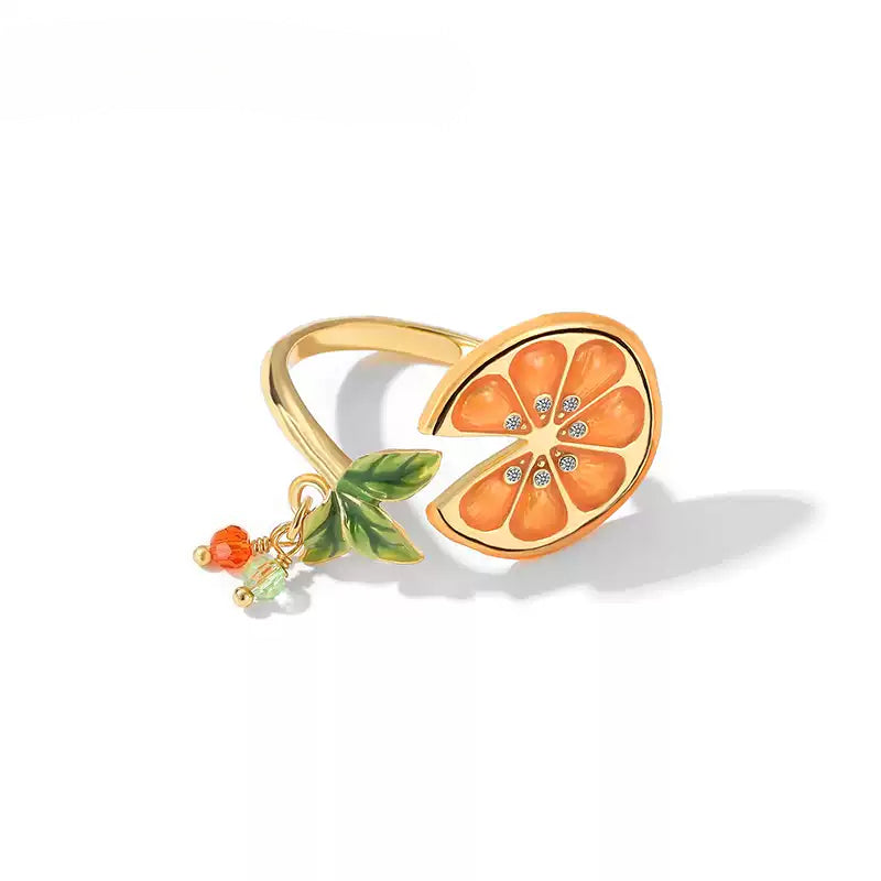 Customized Hand-Painted Enamel Citrus Slice 4th Fruit & Flower Wedding Ring - 18K Gold-Plated