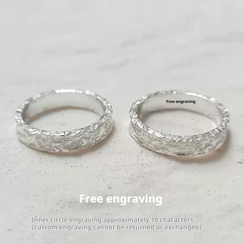 Customized Tin Foil Texture S999 Silver Couple Rings - 10th Anniversary Engraved