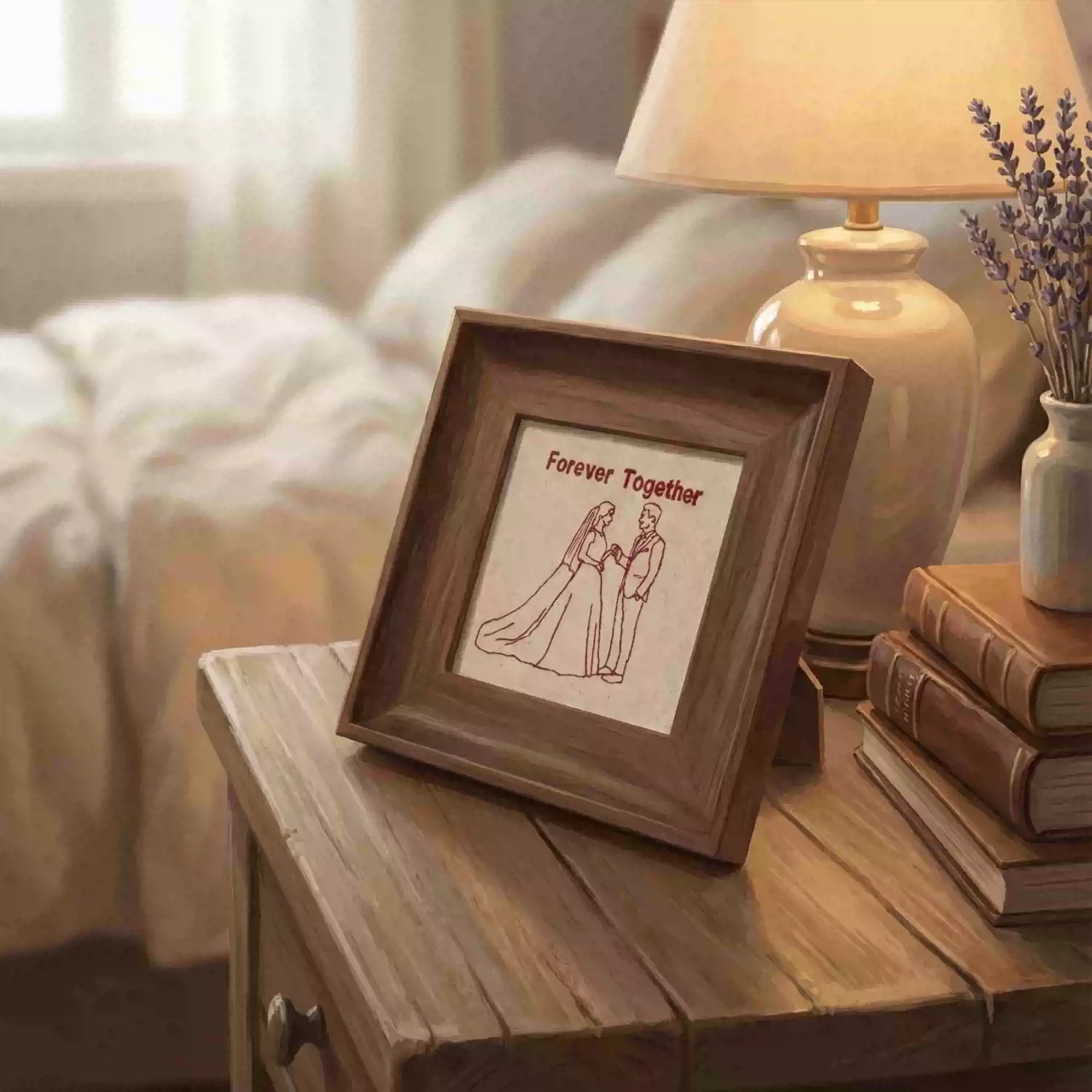 Forever Together · Embroidered Wedding Portrait in Walnut Shadow Box