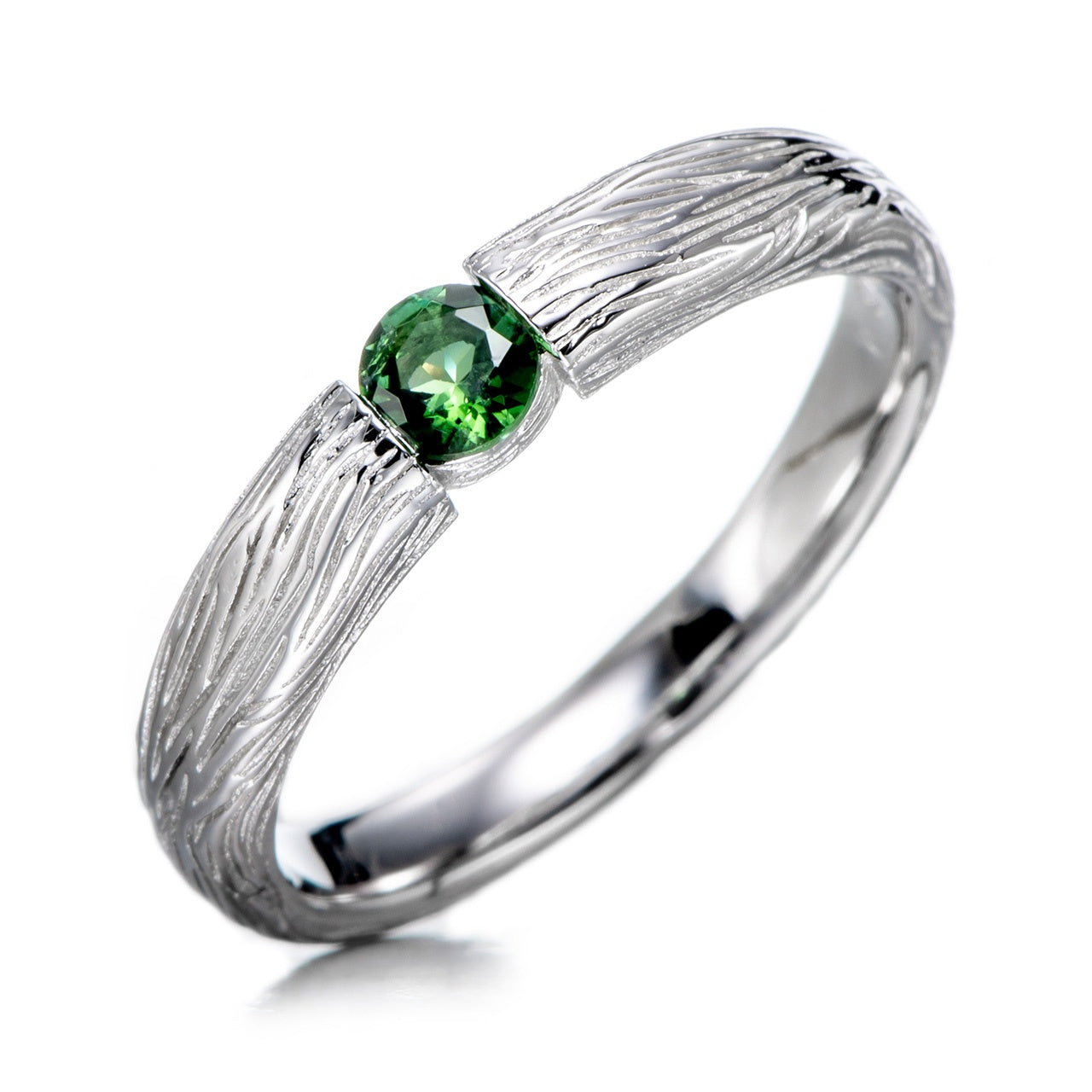 Customized Green Tourmaline Wood-Grain Ring - 8th Anniversary Engraved 925 Silver