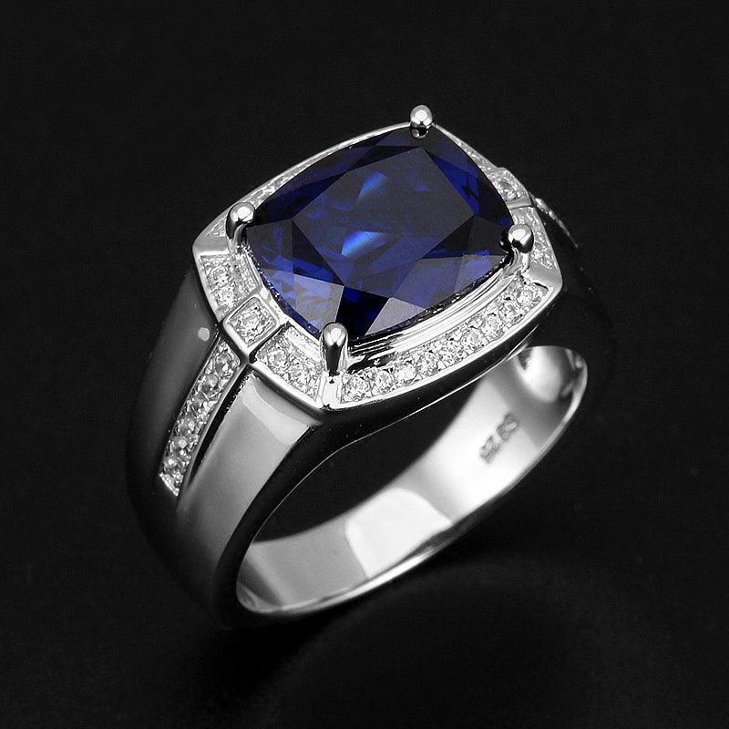 Silver Plated Platinum Sapphire Men's Ring 5.1ct - OOAKB