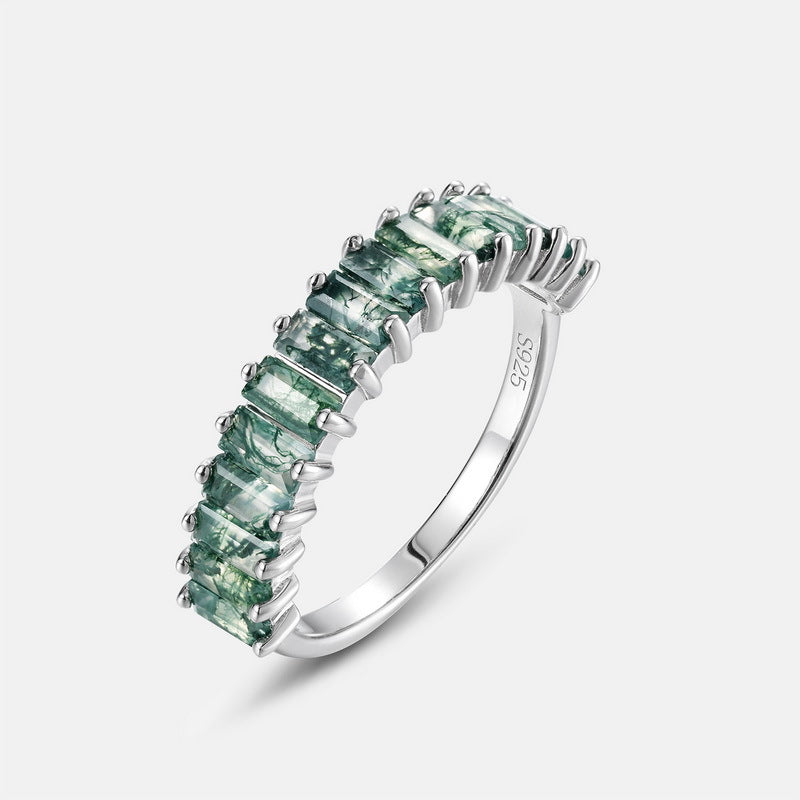 Single Row Trapezoid Square Moss Agate Index Finger Ring