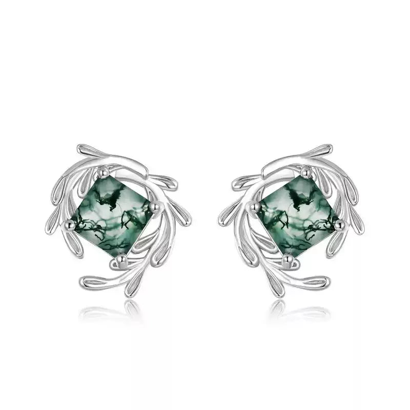 New Style Olive Branch Design Moss Agate Earrings