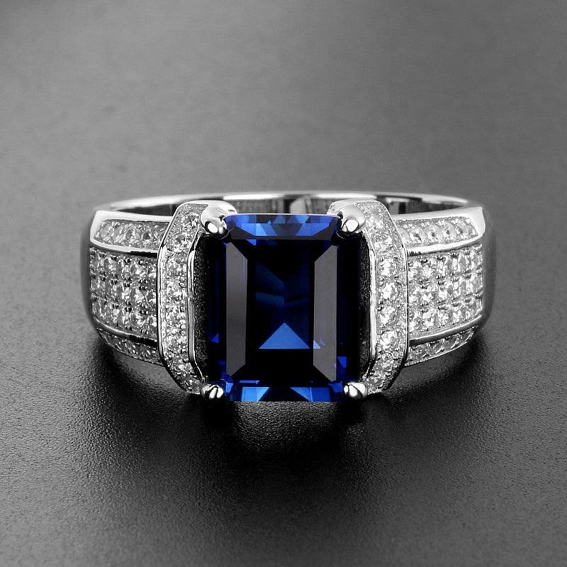 Silver Thick Gold Plated Rectangular Sapphire Men's Ring - OOAKB