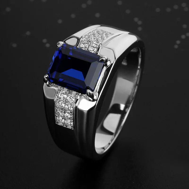 S925 Sterling Silver Plated Gold Sapphire Men's Ring - OOAKB