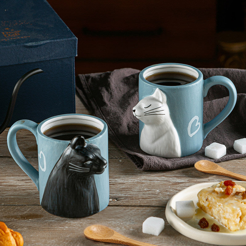 Personalized Cat Couple Ceramic Mug Set – Custom Initials Anniversary Gift