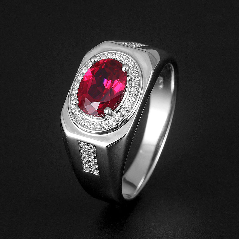 Silver Plated White Gold Oval Ruby Men's Ring 2.3ct