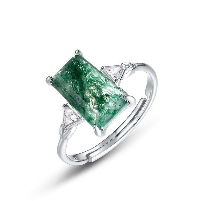 Moss Agate Rectangular Faceted Light Luxury Ring