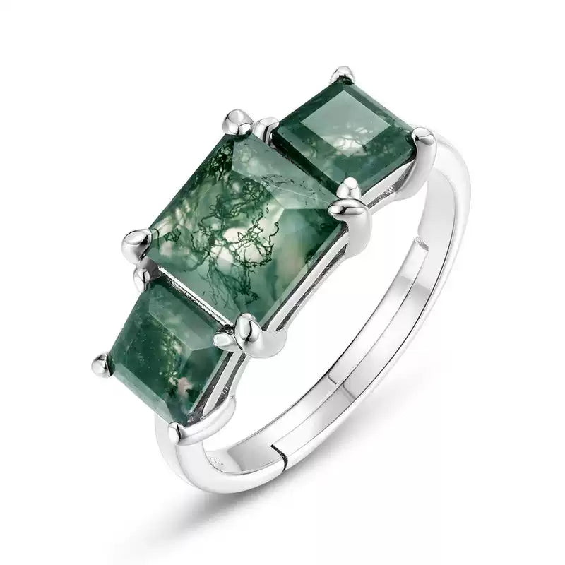 Women's Double Main Stone Moss Agate Open Ring