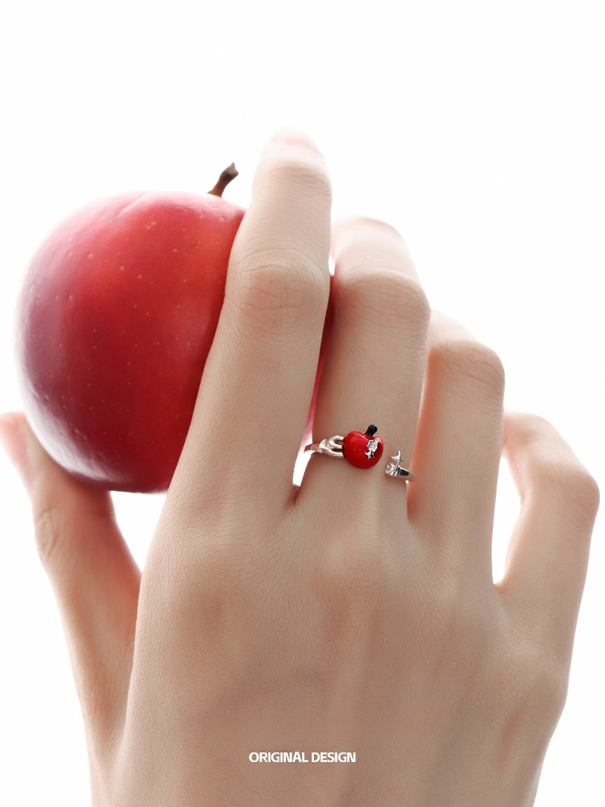Customized 925 Silver Bitten Apple 4th Fruit & Flower Wedding Ring - Adjustable Anti-Tarnish
